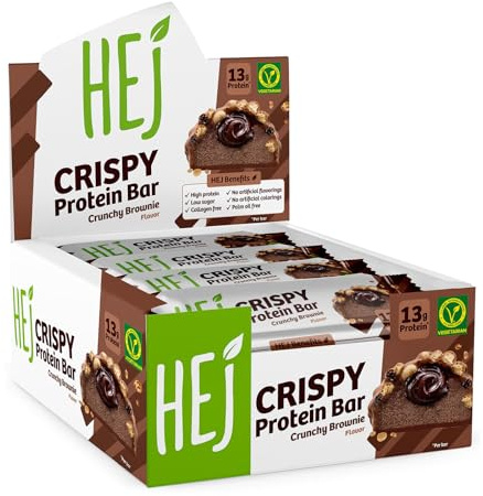 HEJ Crispy Protein Bar, Crunchy Brownie, 12 x 45 g, Low Sugar Eiweißriegel | Proteinriegel, High Protein Snack, zuckerarm, vegetarisch, ohne Palmöl, ohne Zuckerzusatz & künstliche Aromen, knusprig