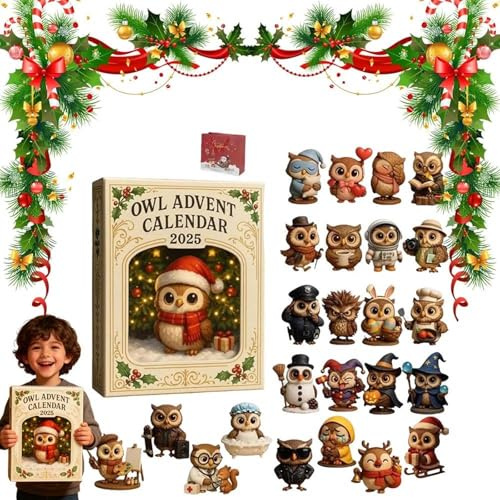 Eulen-Adventskalender 2025, 24-tägiger Weihnachtskalender – 24 Geschenke mit Mini-Eulenfiguren, Eulen-Überraschungsanhänger, einzigartige Wohndeko und festliche Dekoration