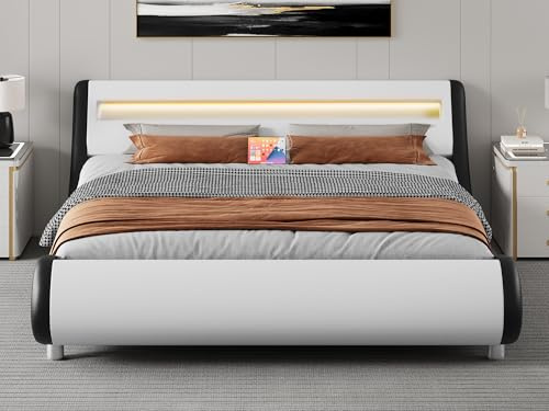 YITAHOME Bed Frame,Upholstered Led with Lights & Storage Platform Charging Station Bed Frame with Pu Leather/No Box Spring Needed,White and Obsidian Double size