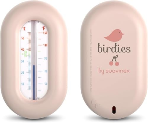 Suavinex, Baby Badethermometer, quecksilberfrei, ohne Batterien, präzise, widerstandsfähig, schnell und mit Farbskala, Grad ºC und ºF, schwimmt im Wasser, +0M, Birdies Rosa