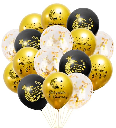 18 Stück Hosgeldin Ramazan Luftballons, Ramadan Deko Schwarz Gold Ballons, Hosgeldin Ramazan Islam Latexballons, Ramadan Feier Dekoration, mit Mond Stern Laterne Muster für zu Hause Drinnen Draußen