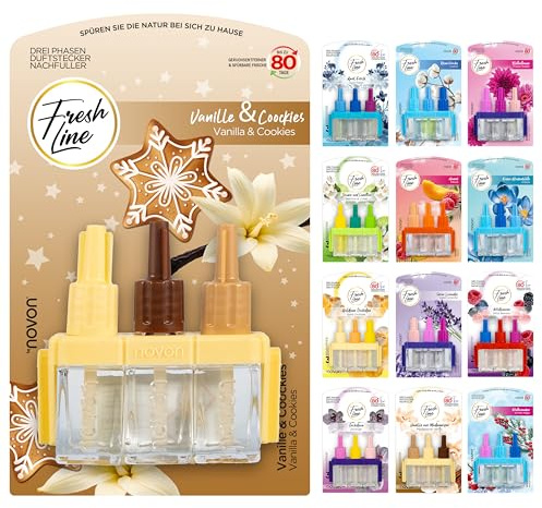 FRESH LINE® Duftstecker Nachfüller 3er Pack (3x7ml) – 3-Phasen-Wechsel – komp. zu 3VOLUTION – Lufterfrischer – 6 Düfte: Wildbeeren, Jasmin Limetten, Aprilfrisch, Goldene Orchidee, Vanille, Orchideen