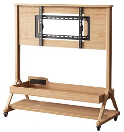 40 à 85 Pouces Pied Television Roulette Bois Massif Eco Board Support TV Mobile sur Pied Hauteur et Angle Réglables avec Porte Coulissante en Verre Trempé et Prise de Courant pour Salon(Yellow 1)