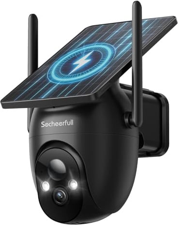 Socheerfull 2K Überwachungskamera Aussen Solar Akku, Kabellose, 2,4GHz | WLAN Kamera mit Integriertem Solarpanel, 360° Rundum-Überwachung, KI-Erkennung, Farbnachtsicht, 2-Wege-Audio,IP66 Wetterfest