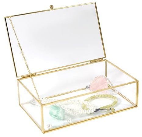CONCHLERY Vintage Glass Keepsake Box with Hinged Lid Rectangle Jewelry Display Organizer with Golden Edges Keepsake Display Holder for Necklaces Pendants Earrings Rings Packaging, 20.2×13×6.1cm