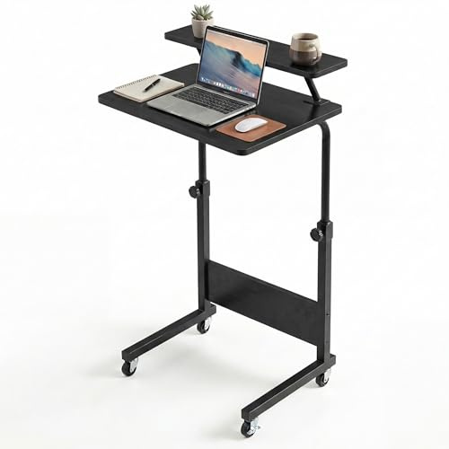YITAHOME Mobilfunk Schreibtisch mit Rollen, Tragbarer Home Office Computertische Laptoptisch, Beistelltisch Höhenverstellbar mit Aufbewahrungsregal, Stehpult Beistelltisch Rollen, Schwarz