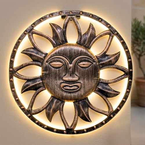 Spetebo Solar Wandbild Sonne in Bronze mit 25 LED - 37 cm | Garten Deko Wand Beleuchtung Wandleuchte Gartenleuchte Dekoleuchte Stimmungslicht