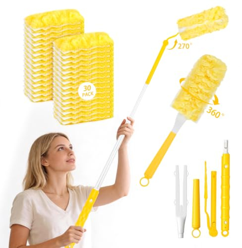 Yotako Flash Dust Magnet Kit - 30 Pack 360° Fluffy Double Sided Disposable Electrostatic Duster Refills, Short & Extendable Long 270° Adjustment Handles for Cleaning Car Fan Blinds Keyboard (Yellow)