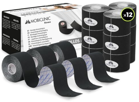 Mobiclinic®, 12er Pack Kinesiologie Tape, Neurologisches Klebeband, Von 5m x 5cm, Sportpflaster, Muskelentspannung, Kinesiologischer Verband, Face, Schwarz