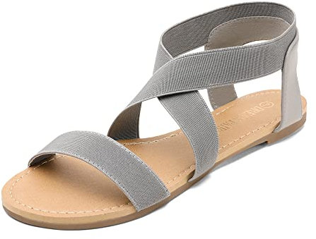 DREAM PAIRS Women's Elastic Ankle Strap Flat Sandals Summer Dressy Shoes Cute Strappy Gladiator Sandals ELATICA-6,Size 6.5,Grey,ELATICA-6