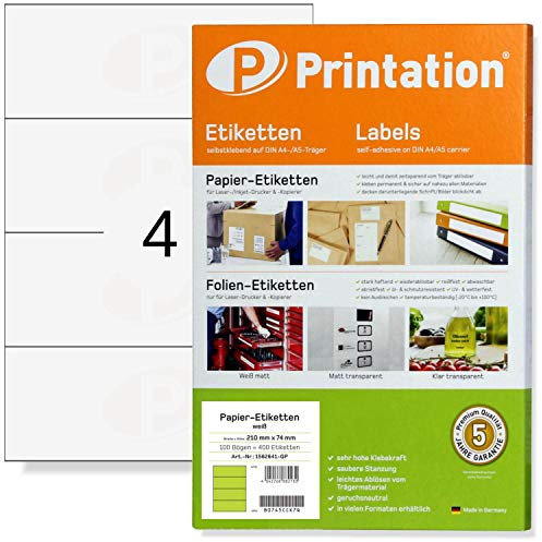 Printation Etiketten 210 x 74 mm selbstklebend weiß zum bedrucken - 400 Laser Aufkleber 210x74 - Universal Labels auf 100 DIN A4 Bogen 1x4-4 Klebeetiketten 8405 pro Blatt - DATAPRINT VDA ODETTE