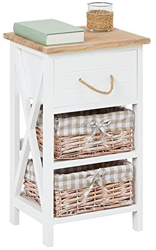 IDIMEX Table de Chevet Perugia Table de Nuit 1 tiroir et 2 paniers en Bois de Paulownia Style Shabby Chic Vintage Rustique campagnard Blanc