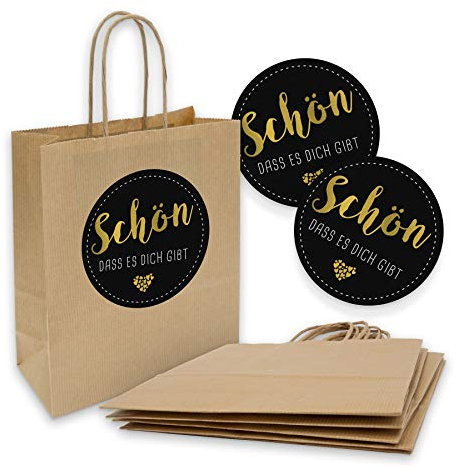 5x itenga Papiertragetaschen + Aufkleber Schön dass es dich gibt weiß schwarz Geschenktüten mit Kordel 18x8x22cm 90g braun Kraftpapiertüten Kraftpapierbeutel mit Griff mittlere Größe