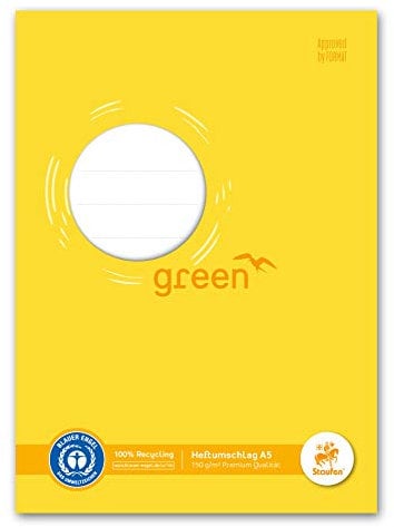 Staufen Ursus Heftumschlag mit Beschriftungsfeld, 10 Stück, DIN A5, 150g/m² Recyclingpapier, Schutz für Schulhefte, Farbe gelb, Green