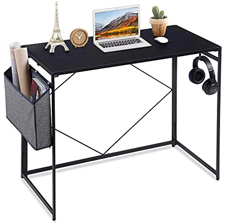 Homesbrand Desk, Folding Computer Desk with Storage Bag, Folding Desk Gaming Office Desk with Headphone Hook, 39.3 PC Table Work Station for Home Office - No Assembly - Black