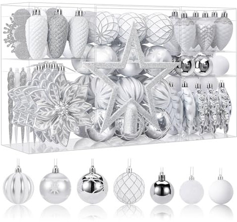 SHareconn 106pcs Christmas Baubles Ornaments Set,Shatterproof Plastic Decorative Baubles for christmas tree decorations, Holiday Wedding Party Decoration with Hooks Included, White & Silver