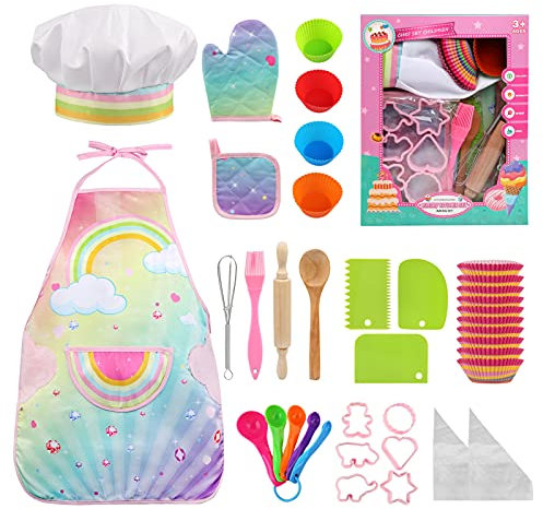 LEADSTAR Kids Baking Set, Aprons for Cooking, Cooking Chef Set Childrens Hat Apron Kitchen Kits Children Toy Christmas Festivals Gift 3-12 Year Old Girls, 38 Pieces, Pink