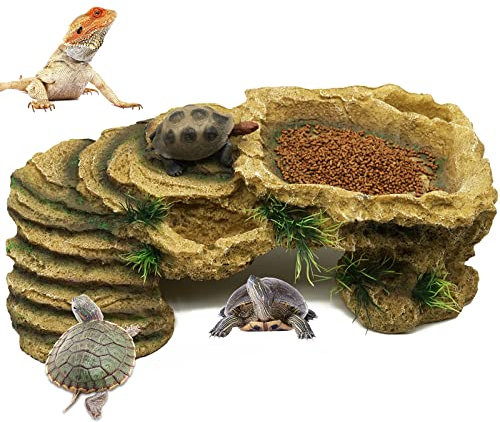 BREUAILY Schildkröten-Plattform Groß Harz Reptilien Rampe Schildkröte Reptilien Simuliert Rock Habitat mit Terrassen und Unterschlupf für Bartdrachen Eidechsen Fische Amphibien