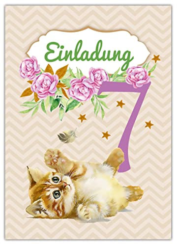 Junapack 12 Einladungskarten zum 7. Kindergeburtstag siebte Geburtstag Mädchen Katze