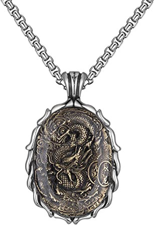 HIJONES Collier Zodiaque Chinois pour Homme en Acier Inoxydable Pendentif Guerrier Douze Animaux avec Chaîne, Dragon