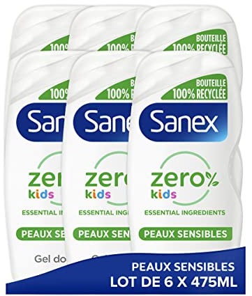 SANEX - Gel douche Zéro % Kids - Gel Douche Enfant - Corps et Cheveux - Biodégradable et Vegan - 475 ml - Lot de 6