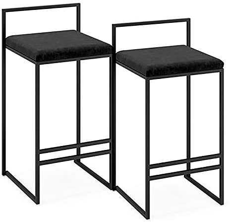MOCHIYIA 65cm Moderne Samt Barhocker 2er Set, gepolsterte Stühle Küche Barhocker mit niedriger Rückenlehne und schwarzen Metallbeinen Barhohe Esszimmerstuhl für Zuhause (Sitzhöhe 25,9 Zoll) Black