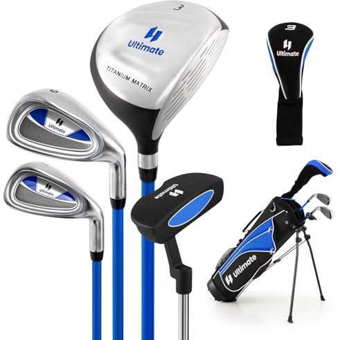 GYMAX Kids Golf Clubs, Junior Golf Set for Right Hand Includes #3 Fairway Wood & #7 & #9 Irons, Putter & Golf Stand Bag, Portable Youth Children Club (for Age 8-10, Blue)