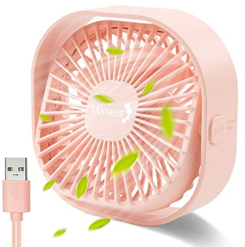 TANNESS Desk Fan, USB, 360° Rotation | Small, Portable Quiet, 3 Speed Fans & Strong Airflow, Standing Cooling Quiet Bedroom, Pink