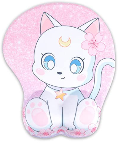 BelugaDesign Katzen-Mauspad, niedliches Kawaii-Motiv, Pastell, Mond, Blume, Sakura-Stern, Pfoten-Anime-Mauspad, Quetschkissen, ergonomische Handgelenkauflage (Weiß/Rosa)