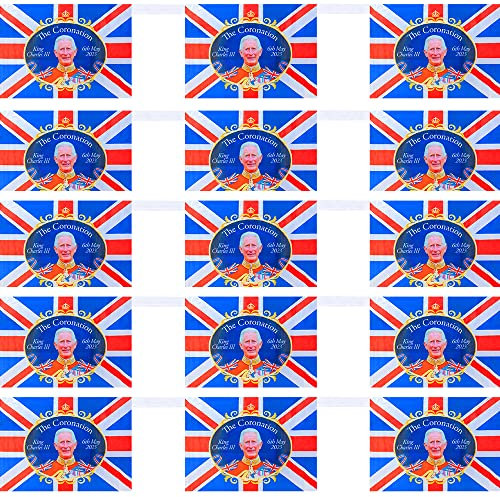 King Charles III Coronation Bunting Street Party Flags 20ft 12 Flags 12x8 Fabric Banner Wall Window Decoration Union Jack