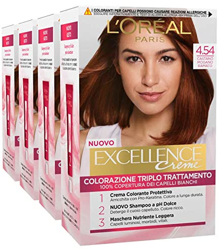L'Oréal Paris Excellence Creme - Tinte permanente para el cabello, triple tratamiento, 100 % cobertura para cabellos blancos, iluminador protector nutritivo, color 4,54 castaño caoba y cobre – 4