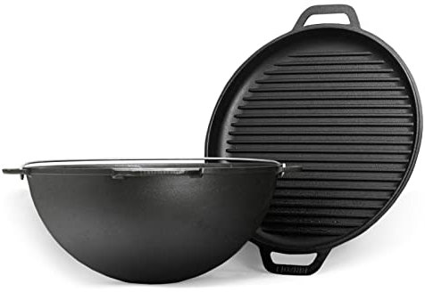 Pentola girevole in ghisa 12 L | Calderone Kazan Asia | Pentola da campeggio con coperchio - padella grill | Forno olandese | Tatarsky Wok | Cucina all'aperto gulasch cannone