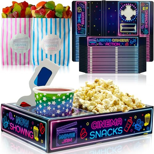 Moviejam Movie Night Snack Trays – Neon Edition | 20 Durable Cardboard Popcorn Boxes & 20 Candy Bags
