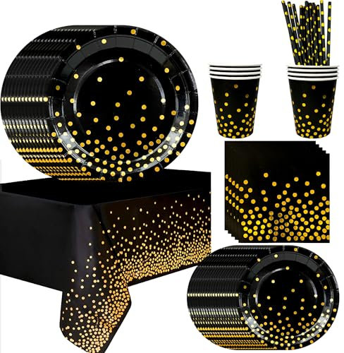 Fruitful Party Vajilla de Fiesta Negra y Dorada,193pcs Negro y Dorado de la Juegos Vajilla Cumpleaños - Platos Fiesta Oro Negro Vasos Servilletas Mantel etc Vajilla de Cumpleaños Negra y Dorada