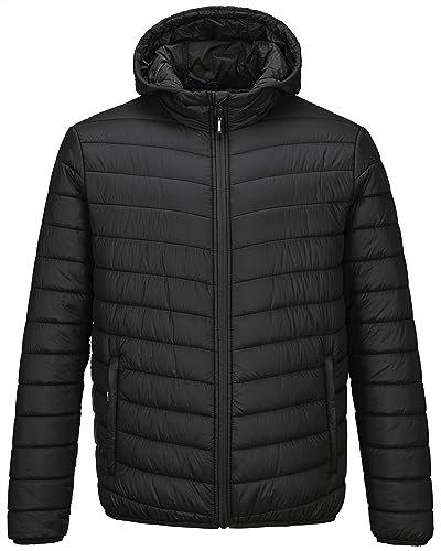 Outdoor Ventures Herren-Pufferjacke Leichte Wasserdichte Kapuzenjacke Isolierter Puffmantel Verstaubare Winterjacke für Herren mit Taschen Zum Wandern Camping Reisen Klassisch Schwarz 2XL