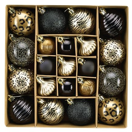 DecorbyHannah Weihnachtskugel-Ornamente, 21 Karat, schwarz und gold, bruchsicher, Leoparden-Thema, Weihnachtsbaumschmuck für Weihnachtsbaum, Tafelaufsatz, Kranz, Girlande (40 mm + 60 mm Kugeln)