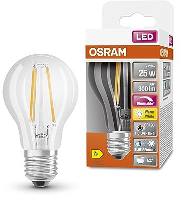 Osram SUPERSTAR+ CLASSIC A FIL 25 LED-Lampe, E27, Kolbenform, 2,2W, 300lm, 2700K, warmweißes Licht, stark reduzierter Blauanteil, geringere Augenbelastung, dimmbar, geringer Energieverbrauch