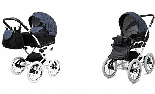 BabyLux® Bambimo Kinderwagen Set 2 in 1 - Margaret White - incl. Babywanne, Buggy Sportsitz - Kinderwagenset - Kombikinderwagen mit Wickeltasche, Regenschutz, Moskitonetz, Cupholder usw.