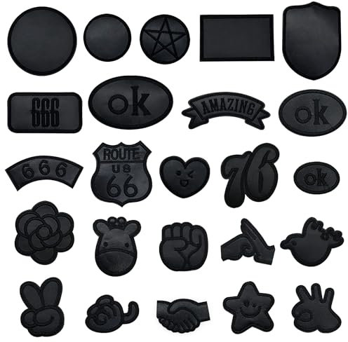 Woohome Patch 24 PCS Iron on Applique Badge Embroidered Fabric Iron on or Sew on Patches Black Appliques Sticker Patches for Clothes Hat Jeans