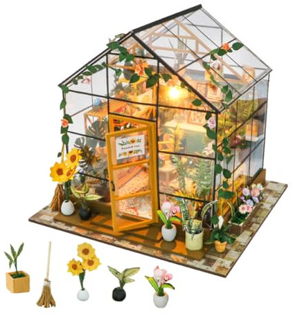 ELPHNUTSEY Kit per casa delle bambole, serra fai da te in miniatura con luce LED, kit di costruzione in legno per adulti, casa dei fiori, regali per amici
