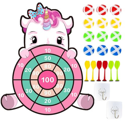 AhLmA Unicorn Dartscheibe Einhorn Spiel Dartscheibe mit 12 Klebrigen Bällen Darts Oster Kinder Deko Drinnen und Draußen Dart Wurfspiel Set für Kinder Groß und Klei Lustige Partygeschenke