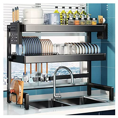 Escurridor de Platos para encimera de Cocina de 2 Niveles, Estante para secar Platos sobre el Fregadero, con Cesta de Frutas, Soporte para Utensilios, Gancho de Metal para Fregadero (Negro
