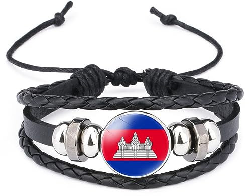 GONMFKM Modisches Armband Mit Kambodscha-Flagge – Asiatisches Flaggenmuster, Glasanhänger, Leder, Mehrschichtig, Gewebt, Verstellbarer Armreif, Beliebter Patriotischer Schmuck Für Damen Und Herren,
