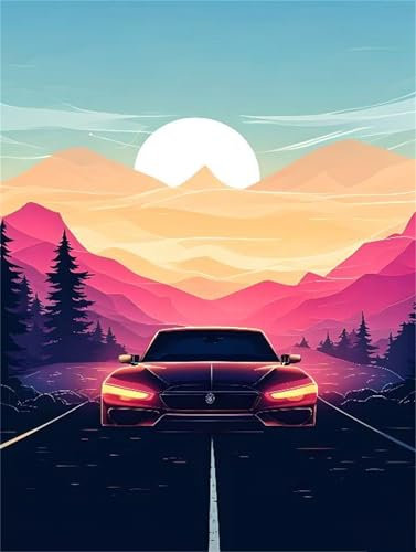 Peinture par Numéros pour Adulte, Peinture Numero Enfant Sactivité Manuelle, Coucher de soleil voiture Peinture par Numéro avec Peintures et Pinceaux Kits, Décoration Intérieure 100X135cm s-3730