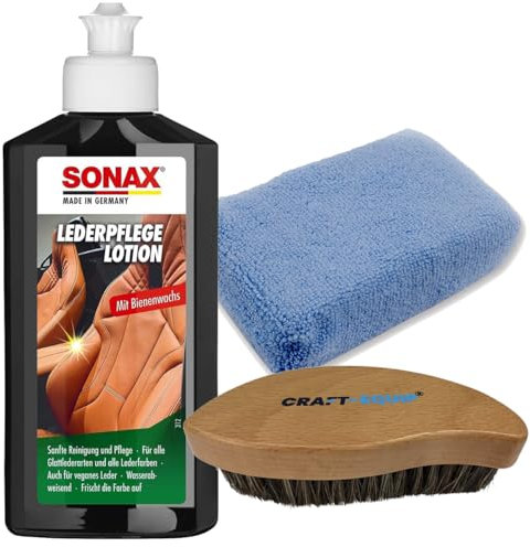 Craft-Equip Leder-Reinigungs-Set bestehend aus der SONAX 250ml LederPflegeLotion + Zubehör (Lederbürste, Applikator)