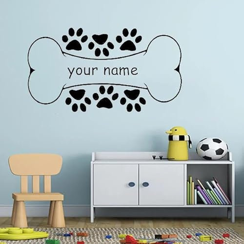 YOZYOOOZ Hund Knochen Wandtattoo Personalisierter Name Haustier Pfote Vinyl Fenster Aufkleber Kinder Schlafzimmer Geschäft Innendekoration Künstler Home Aufkleber 42X24 CM
