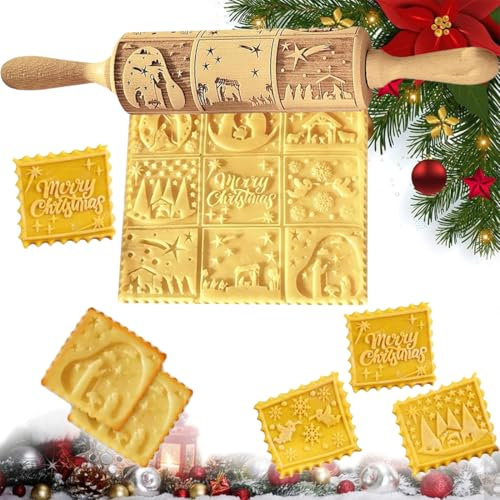 Mattarello di Natale, legno di Natale, fai da te, mattarello, motivo 3D, in rilievo, per pasticceria, biscotti fatti in casa