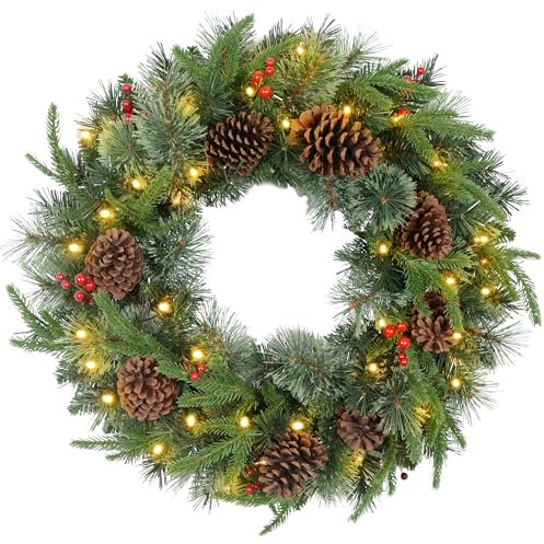 HOMCOM 60cm vorbeleuchteter Weihnachtskranz für die Haustür mit LED-Lichtern, Tannenzapfen und roten Beeren, Winterkranz für Fenster, Wanddekoration, grün