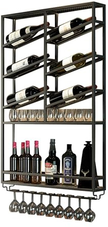 Weinregal Wand Metall Flaschenregal Schmal Wine Rack Bar Regal Wand Weinschrank Hausbar Barschrank mit Weinglashalter Weinständer Getränke Regal Mini Bar für Küche Bar Esszimmer(Nero,68*100*11cm)