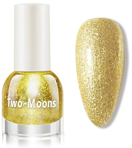 Gold Glitter Nail Varnish - 60 Seconds Quick Dry - Shimmer Super Shiny - No Bake Breathable Polish - Long Lasting Non Chip Nail Art